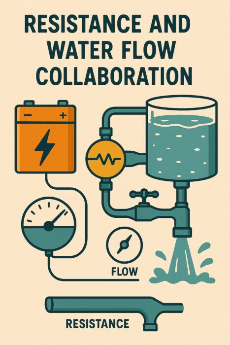 電気回路の抵抗と、水流を妨げるような途中