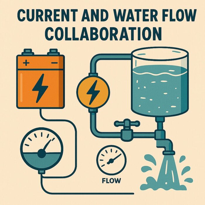 電流と水流のコラボレーションを示す画像を